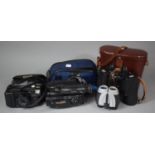 A Pair of Leather Cased Carl Zeiss Jena Binoculars, Jenoptem 10x50w Together with Vintage Cameras