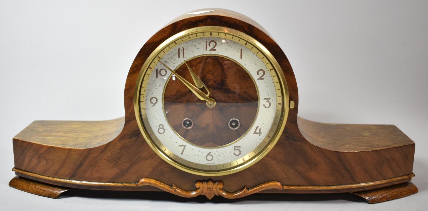 A Mid/Late 20th Century Oak and Walnut Mantle Clock with Bracket Feet, 38.5cm wide