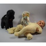 A Vintage Composition Doll, Porcelain Head Doll and Two Dog Toys