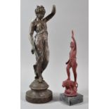 Two French Figural Spelter Ornaments, One Painted Red and Other with Losses to Hand, 43cm high
