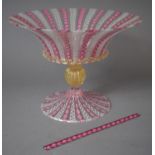 A Murano Salviati Glass Tazza with White "Zanfirico" Lattice Filigree and Pink Ribbon Decoration,