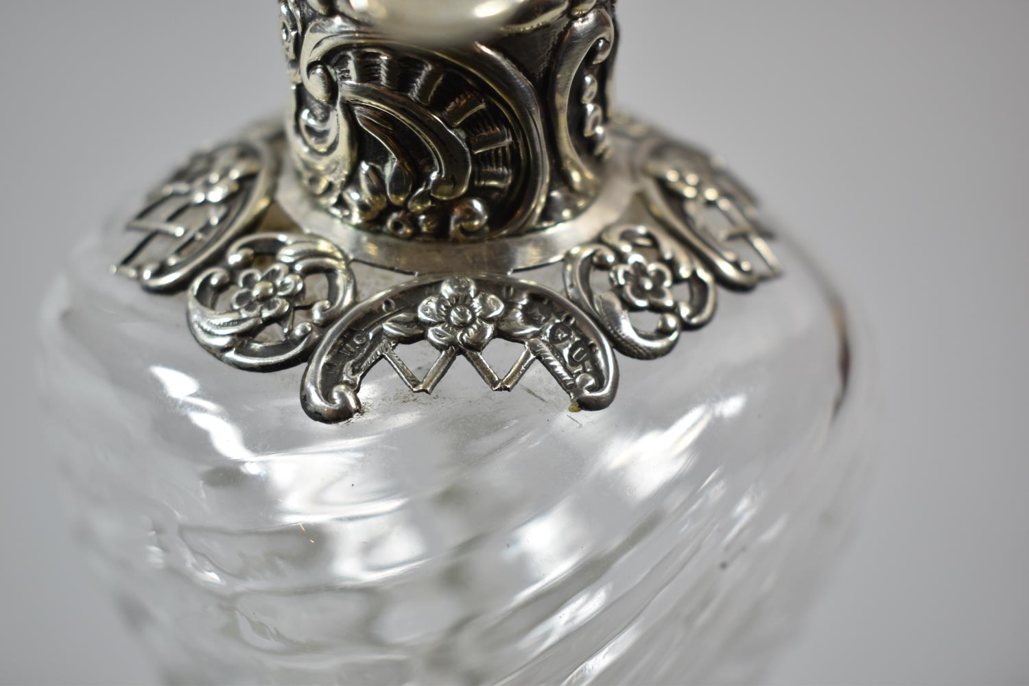 A Late 19th Century Wrythen Glass and Silver Scrooge Decanter with Repousse and Pierced Decoration - Image 2 of 2