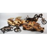 A Collection of Five Wooden Vintage Car Models, Harley Davidson Model and a Push Bike (AF)