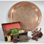 A Damascus Ware Copper and White Metal Charger Together with Lacquered Oriental Box, Two Glass