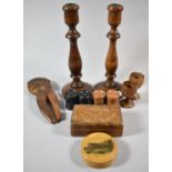 A Collection of Various Treenware, Nutcracker, Box Together with a Set of Draught Pieces and