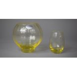 Two Royal Brierley Studio Glass Yellow Globular Vases, 10cm and 8cm High