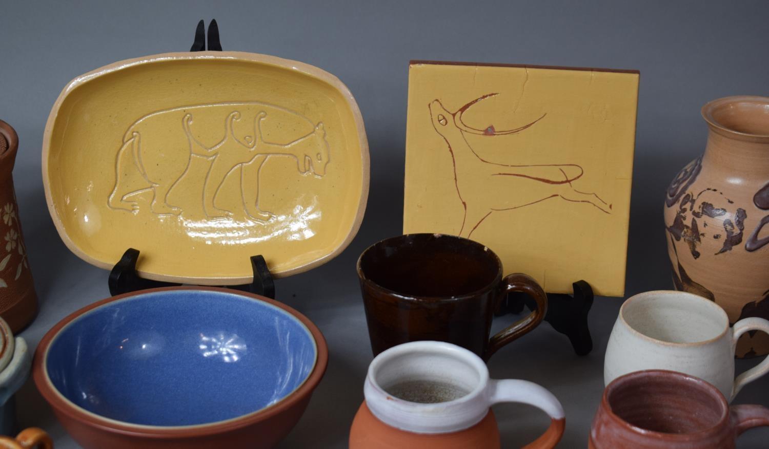 A Collection of Various Studio Pottery to include Jugs, Tile, Plates, Lidded Pots, Examples by South - Image 2 of 8