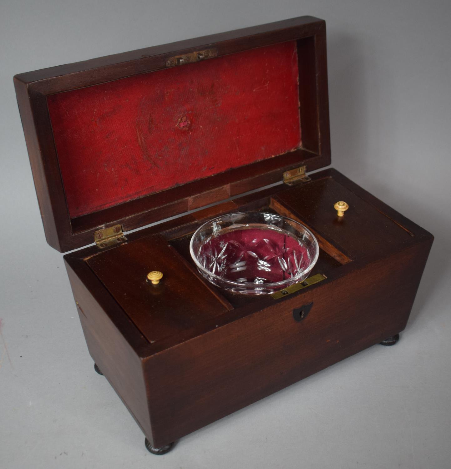 A Mid 19th Century Mahogany Sarcophagus Shaped Two Division Tea Caddy with Replacement Cut Glass - Image 2 of 3