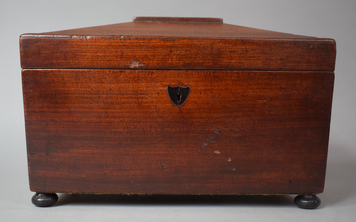 A Mid 19th Century Mahogany Sarcophagus Shaped Two Division Tea Caddy with Replacement Cut Glass - Image 3 of 3