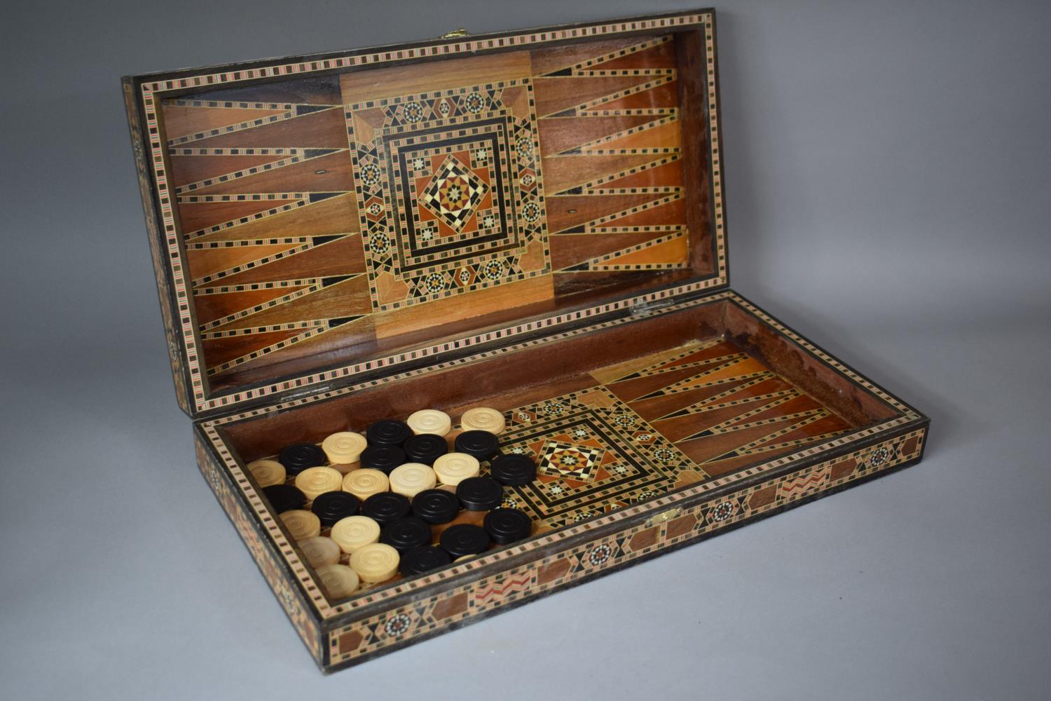 A Micromosaic Wooden Folding Games Box, The Exterior as a Chess Board and Interior as Backgammon, - Image 2 of 4