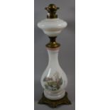 A Continental Late 19th Century Glass and Brass Oil Lamp, Opaque Glass Decorated with Continental