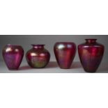 A Collection of Four Pieces or Red Iridescent Royal Brierley Large Glass Vases to Include Squat