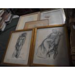 A Collection of Five Framed Pencil and Charcoal Prints of Nudes Etc
