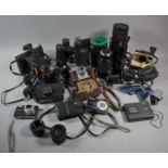 A Collection of Various Vintage Cameras and Accessories to include Cased Makinon Zoom Lens, Cased