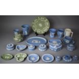 A Collection of Wedgwood Blue and Green Jasperware, Lidded pots, Vases, Plates, Cup and Saucer Etc