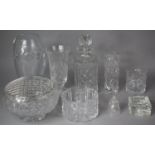 A Collection of Various Cut Glass Items to Include Heavy Thumb Cut Vase, Waterford Cut Glass Bowl,