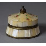 A Mother of Pearl and Brass Mounted Ring Box with Enamelled Decoration to Lid, 5cms High