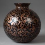 A Royal Brierley Art Glass Squat Vase of Iridescent Black and Gold Mottled Colourway, 16cms High