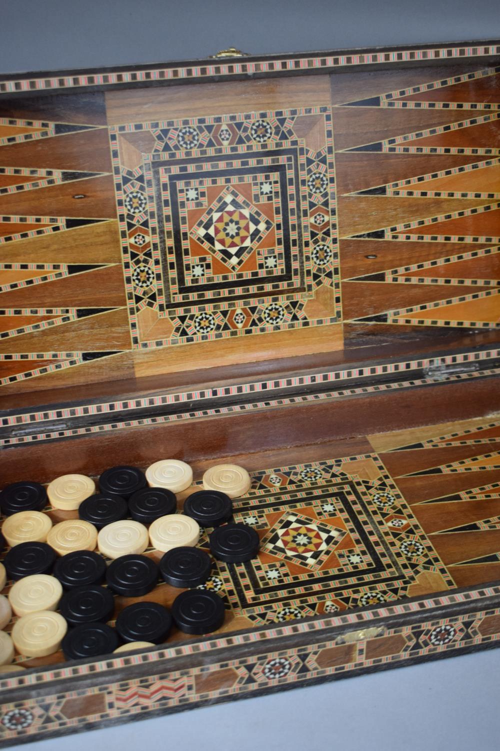 A Micromosaic Wooden Folding Games Box, The Exterior as a Chess Board and Interior as Backgammon, - Image 3 of 4