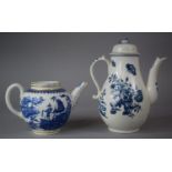 An 18th Century Blue and White Teapot (Missing Lid) together with a Larger Coffee Pot Example