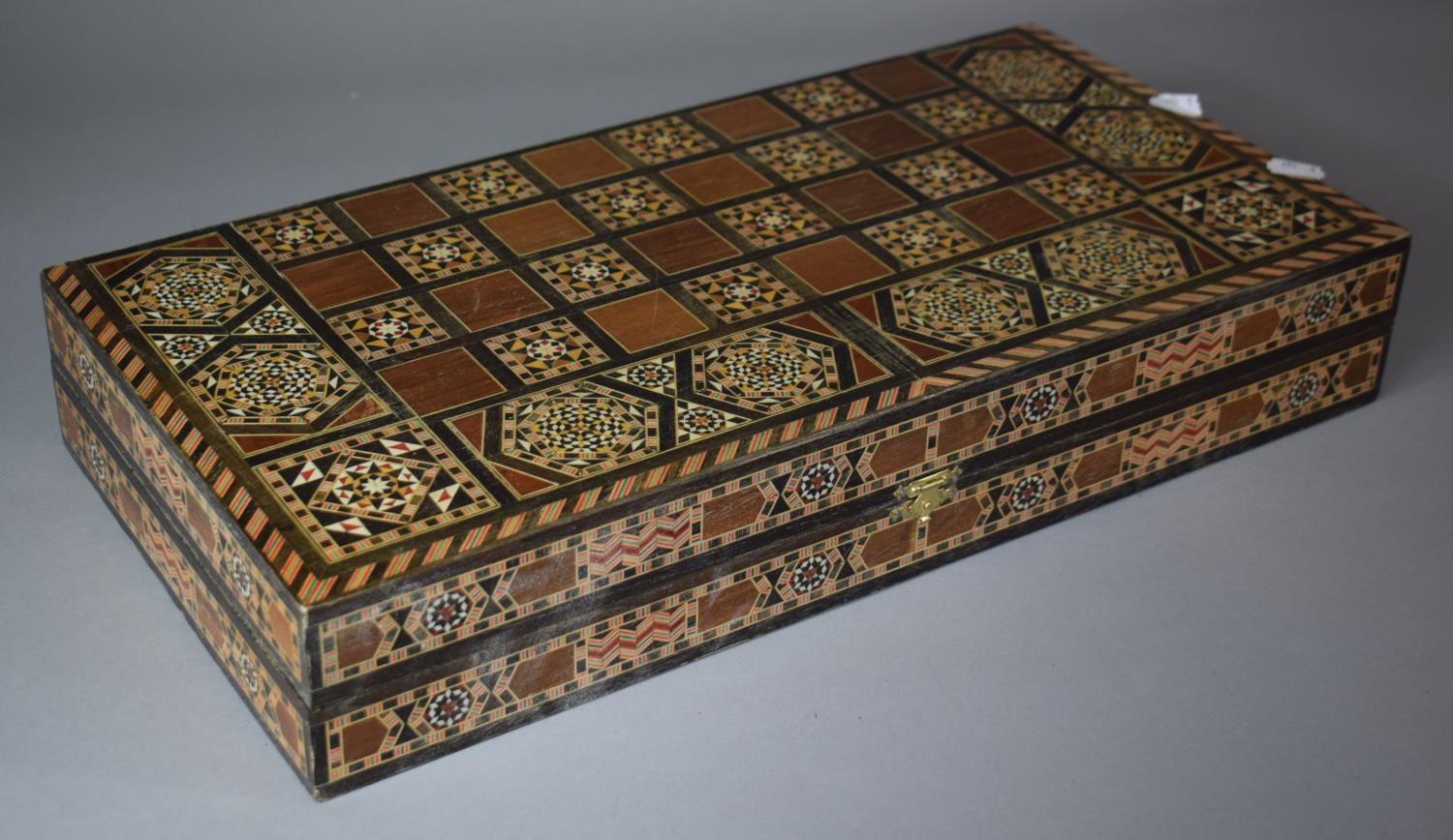 A Micromosaic Wooden Folding Games Box, The Exterior as a Chess Board and Interior as Backgammon,