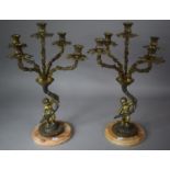 A Pair of Mid/Late 20th Century French Gilt Brass Candelabra, Both with Scrolling Foliate Five