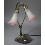 A Reproduction Art Nouveau Bronze Effect Table Lamp in the Form of Lillies and Pad, with Pink and