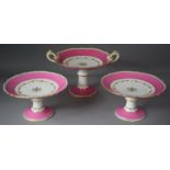 Three Gilt and Pink Decorated Tazzas to include Two Handled Example, all with Damage, Tallest 20.