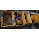 Four Boxes of Various Items to include Treenware, Cutlery, Ceramics, Sundries, Glassware