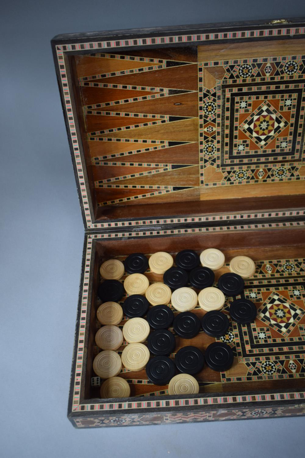 A Micromosaic Wooden Folding Games Box, The Exterior as a Chess Board and Interior as Backgammon, - Image 4 of 4