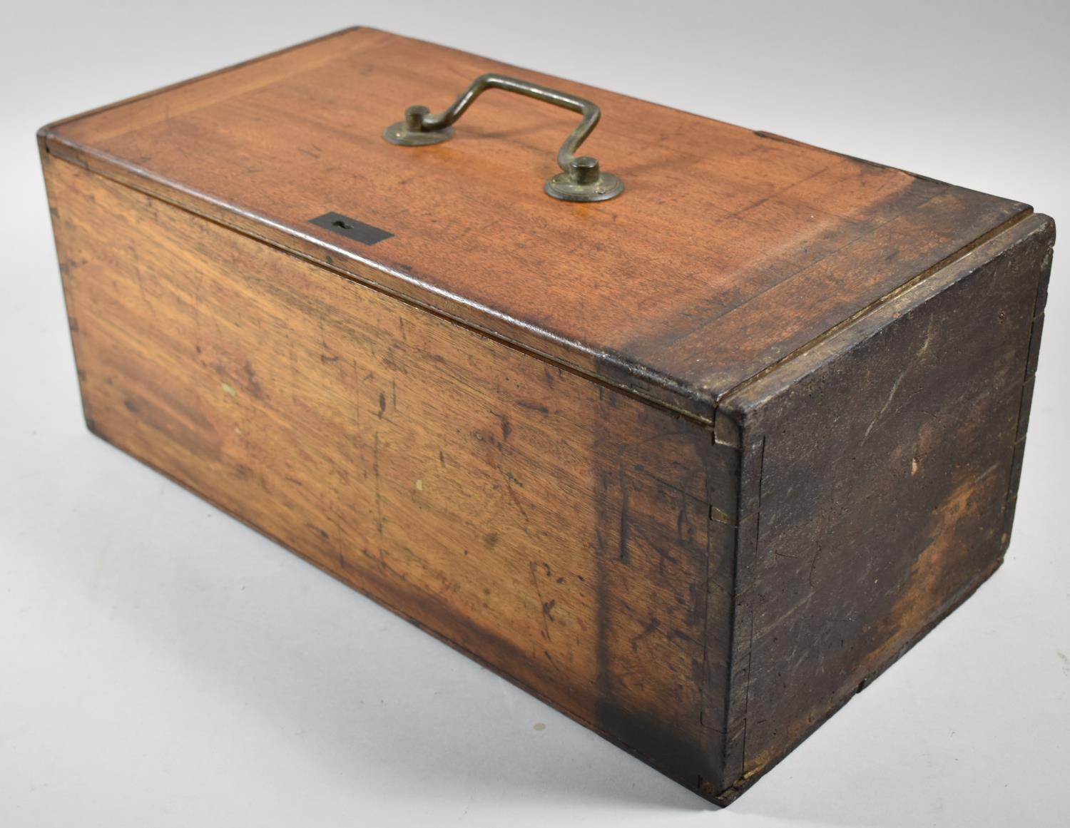 A Late 19th Century Hinged Lidded Box with Top Brass Handle and Lock Escutcheon, 44x22x18cms High