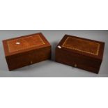A Pair of Modern Veneer Burr Walnut Jewellery Boxes with Inlaid Decoration to Top Having Fitted