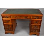 An Early/Mid 20th Century Yew Wood Kneehole Desk with Tooled Leather Top, 122cms x 61cms x 77cms