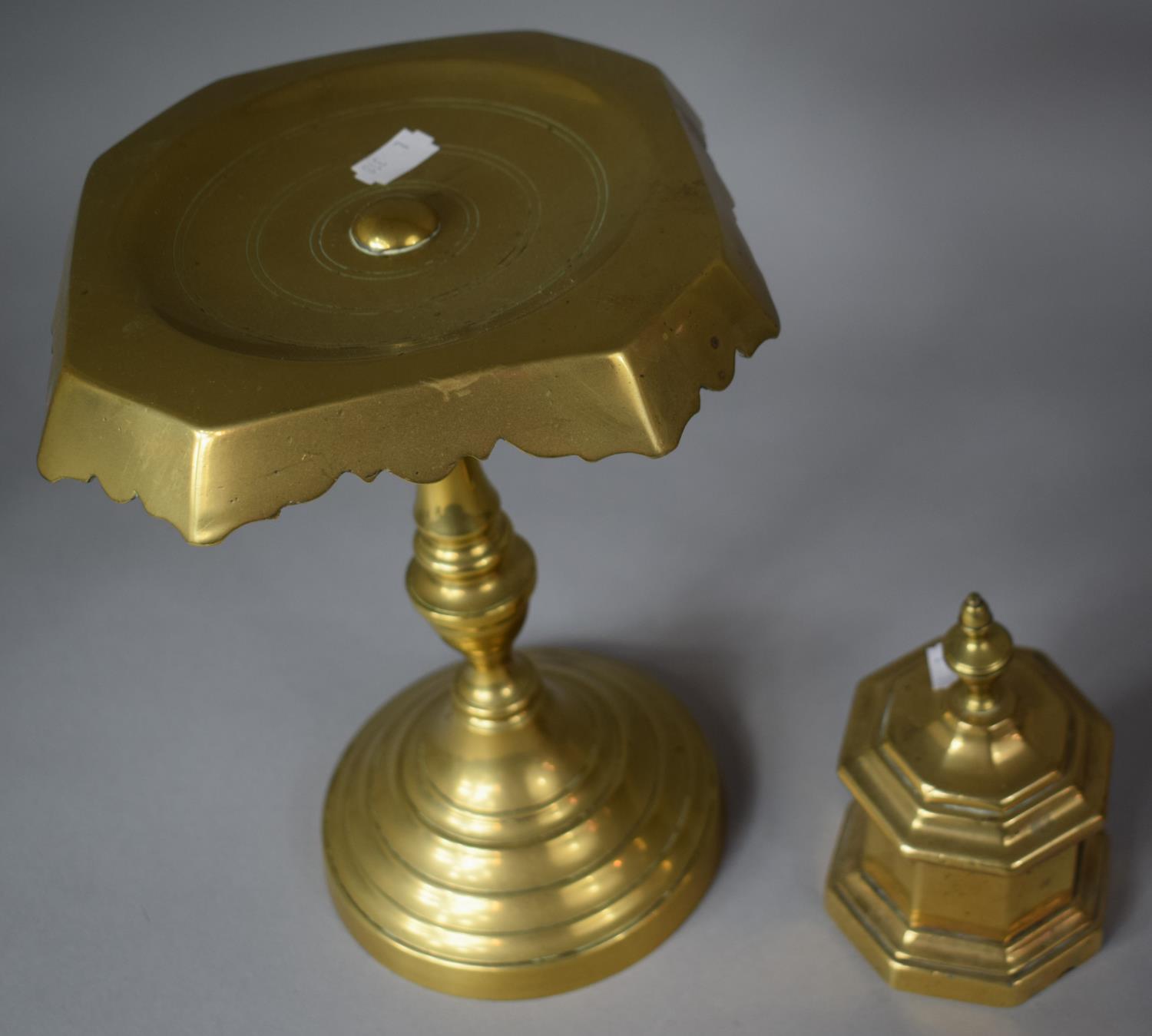 A Late 19th Century Brass Trivet Stand together with a Lidded Brass Box with Vase Finial - Image 2 of 2