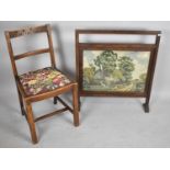 An Oak Framed Tapestry Screen Depicting Cottage Together with an Oak Framed Chair Having Carved Back