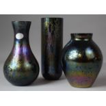 A Collection of Three Pieces of Purple Iridescent Royal Brierley Glass Vases, Tallest 18.5cms High