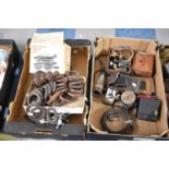 Two Boxes of Sundries to Include Cow Horn Powder Flask, Box Cameras, Wooden Curtain Rings, Vintage
