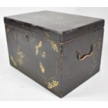 A Chinese Lacquered Rectangular Box with Gilt Decoration and Side Carrying Handles, The Hinged Lid