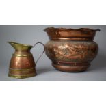 A Repousse Copper Jardinere with Wavy Rim, 26cm Diameter Together with a Copper and Brass Jug