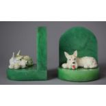 A Pair of Alabaster Bookends with Terrier Mounts, 11cm high