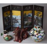 An Oriental Lacquer Work Four Fold Table Screen, Resin Dragon Ornament, Enamelled Ginger Jar and