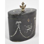 An Early French Papier Mache Oval Tea Caddy with White Metal and Mother of Pearl Decoration and