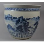 A Large Blue and White Chinese Fish Bowl Decorated with Sea, Mountains, Figures etc, 37.5cm Diameter