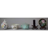 A Collection of Oriental Items to Include Cloisonne Pin Dish, Carved Wooden Stands, Lidded Vase,