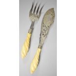 A Pair of Victorian Solid Silver and Ivory Handled Salad Servers with Pierced and Engraved Blades