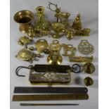A Collection of Various Brass Items to Include Candlestick, Stag Ornament, Mortar, Bell, Horse