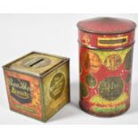 A Cylindrical Money Box Tin, "Victorian Coins" and a Bee Bee Biscuit Money Box