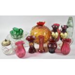 A Collection of Coloured and Plain Glassware to Include Two Cranberry Glass Jugs, Pair of Ruby Glass
