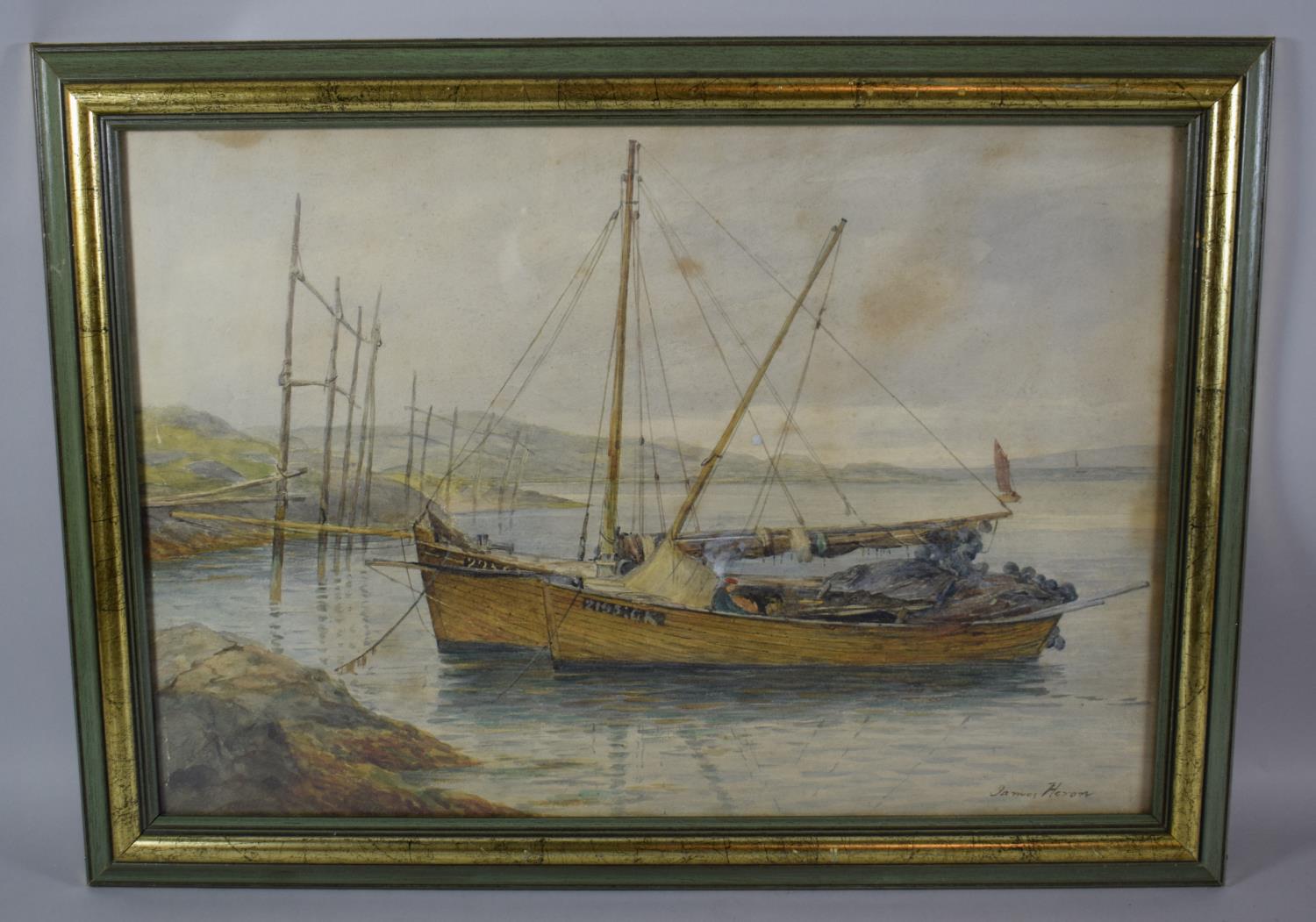 James Heron, (1873-1919), Fishing Boats with Figures on Loch Gair, Argyleshire, Watercolour ,