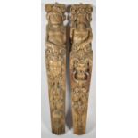 A Pair of Early Carved Oak Furniture Stiles decorated with Mask Heads, Lion Mask, Fruit Etc, Each